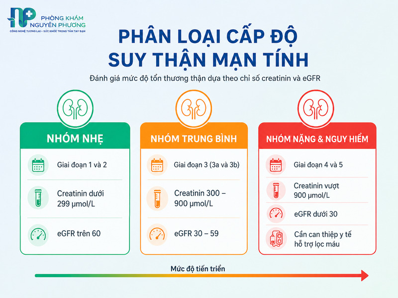 Bảng phân loại cấp độ suy thận theo chỉ số creatinin và eGFR
