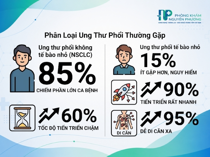 Phân biệt hai dạng ung thư phổi chính dựa trên tỷ lệ mắc và tốc độ tiến triển.