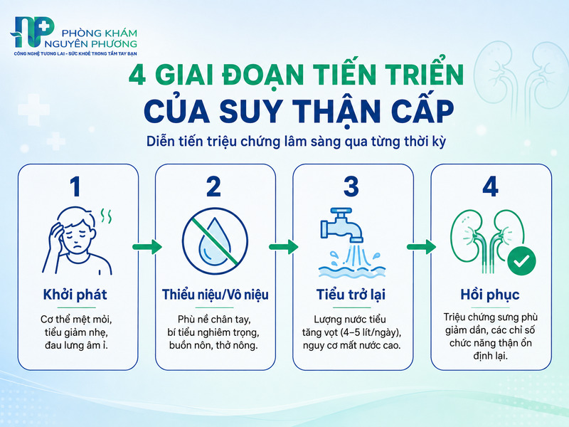 Các giai đoạn tiến triển và biểu hiện của tổn thương thận cấp