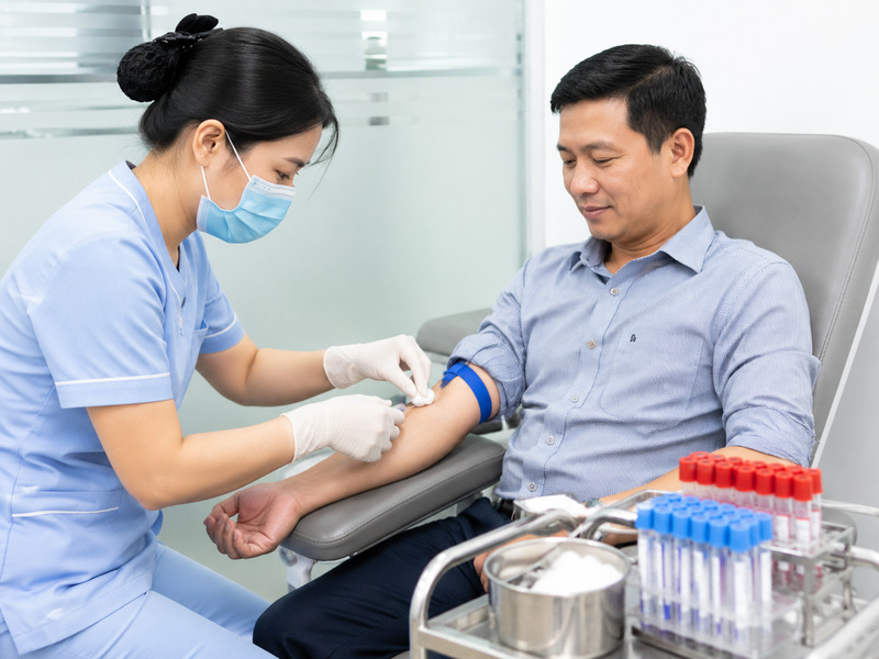 Kỹ thuật viên y tế thực hiện lấy mẫu máu xét nghiệm cho khách hàng