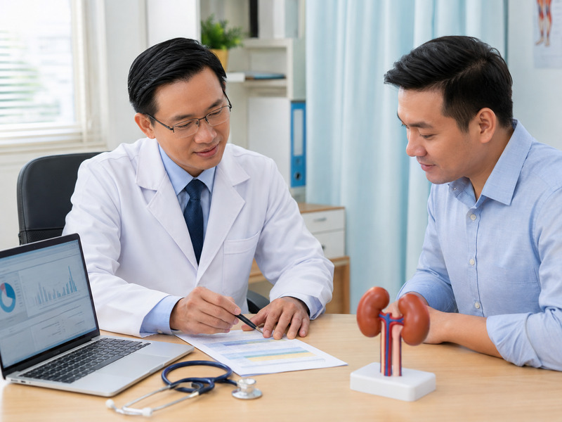 Bác sĩ trao đổi kết quả phân tích nước tiểu cùng bệnh nhân