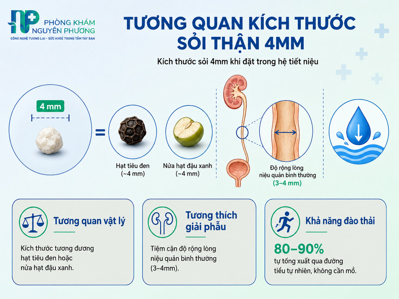 Tương quan kích thước sỏi thận 4mm với đường kính lòng niệu quản