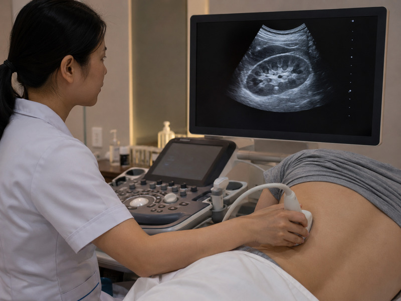 Bác sĩ thực hiện siêu âm ổ bụng kiểm tra cấu trúc thận