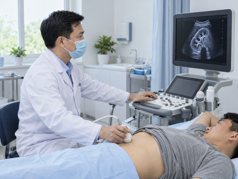 Bác sĩ siêu âm kiểm tra sỏi thận cho bệnh nhân
