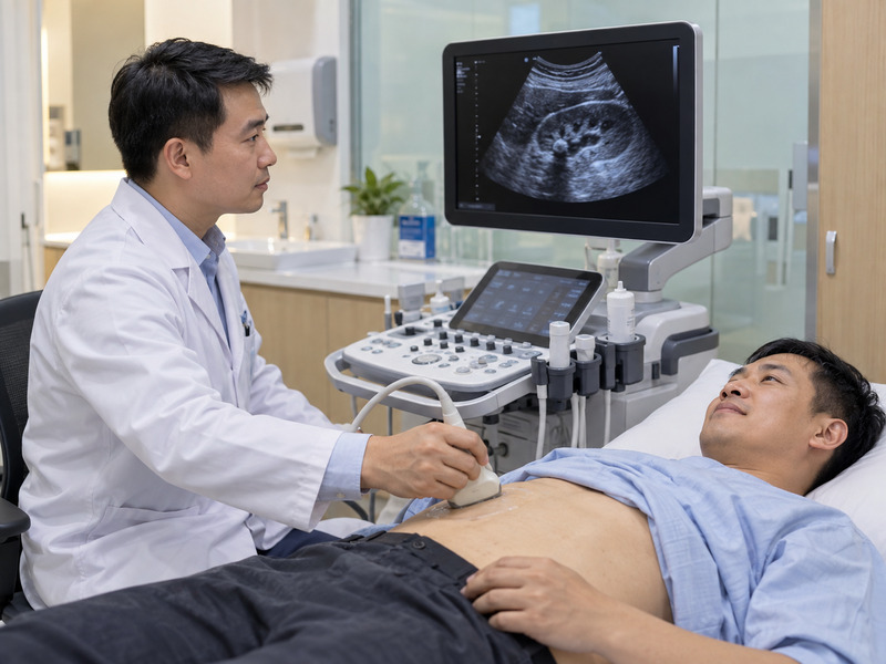 Bác sĩ thực hiện siêu âm kiểm tra hệ tiết niệu cho bệnh nhân