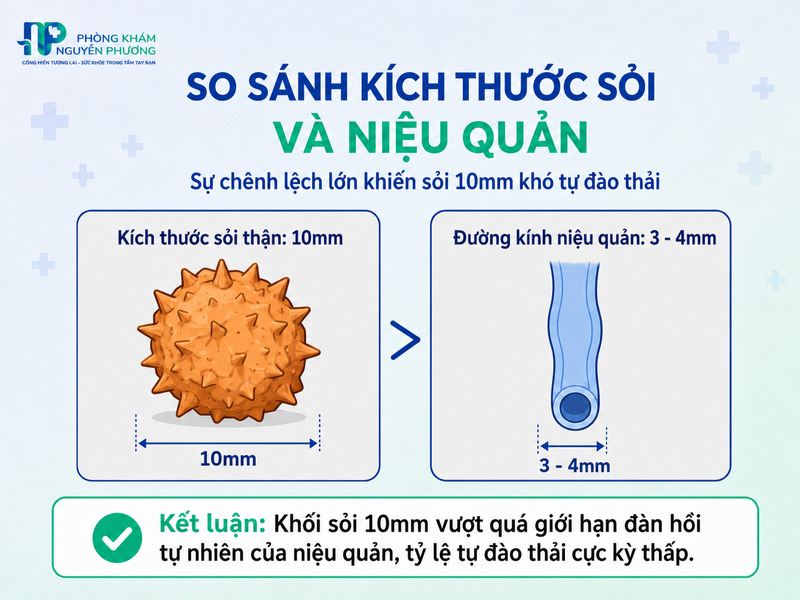 Chênh lệch giữa sỏi 10mm và đường kính niệu quản tự nhiên