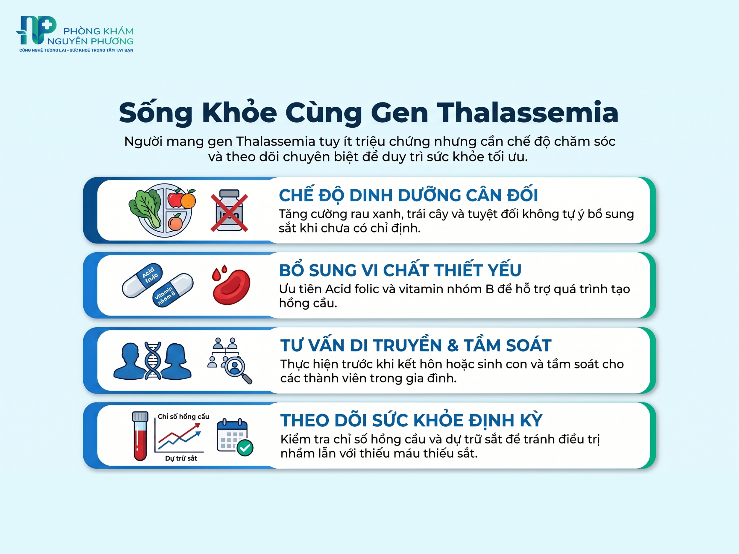 Người mắc Thalassemia nên duy trì chế độ dinh dưỡng hợp lý và tránh tự ý bổ sung sắt
