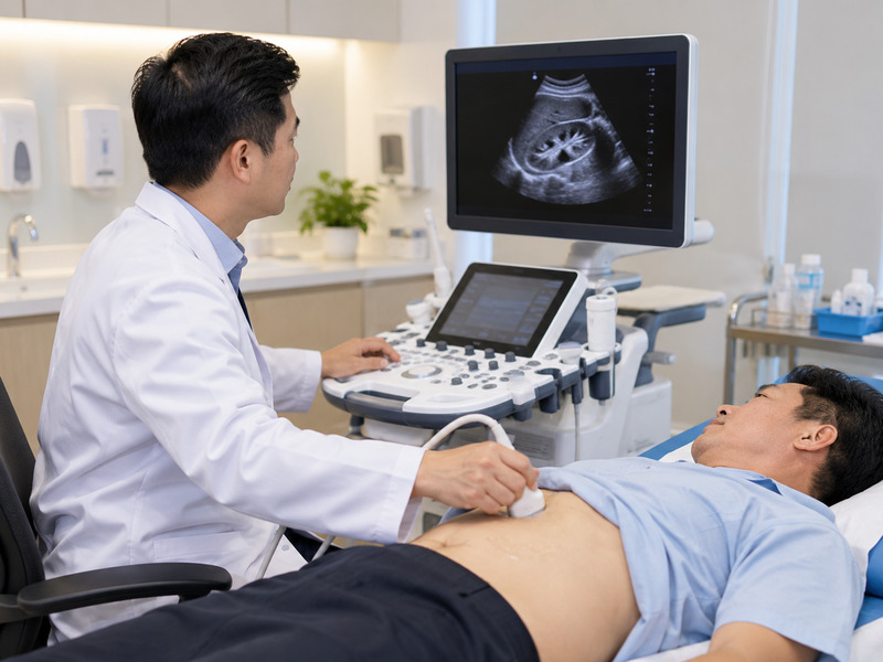 Bác sĩ thực hiện siêu âm hệ tiết niệu chẩn đoán sỏi thận
